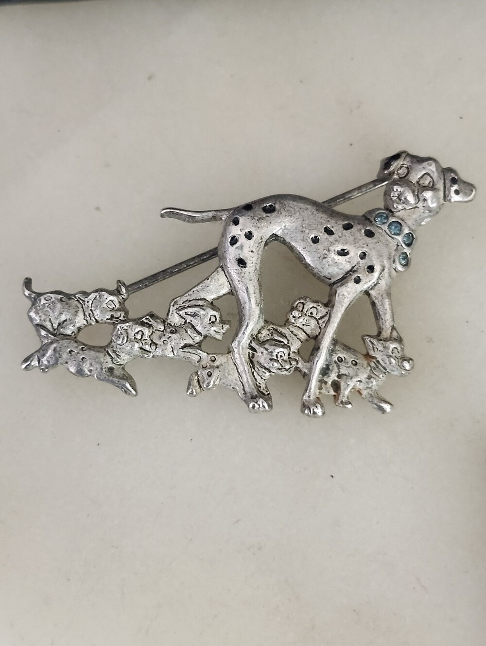 Silver Tone Dalmatian Mother & Puppies Brooch with Blue Accents